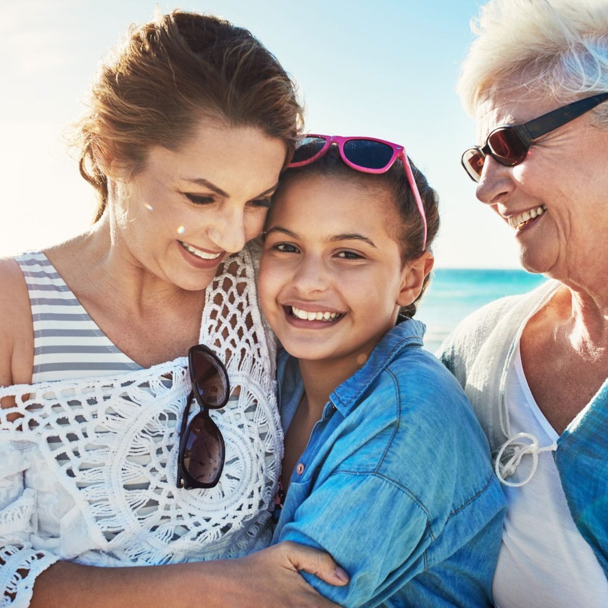 Grandma,,Mother,And,Girl,In,Portrait,On,Beach,,Vacation,And